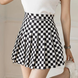 Spring Summer New Skirt Women A-line Plaid Mini High Waist Pleated Skirts Women