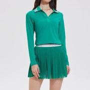 Women's 2 Piece Tennis Pickleball SKirt Set Long Sleeve Polo V-neck Shirts with Contrast Stripes