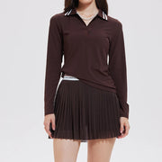 Women's 2 Piece Tennis Pickleball SKirt Set Long Sleeve Polo V-neck Shirts with Contrast Stripes