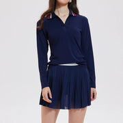 Women's 2 Piece Tennis Pickleball SKirt Set Long Sleeve Polo V-neck Shirts with Contrast Stripes