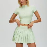 Pickleball tennis Skirt Sets for Women Zipper V Neck Shirts Top Matching High Waisted Pleated Athletic