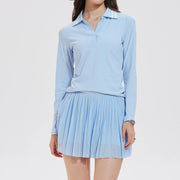 Women's 2 Piece Tennis Pickleball SKirt Set Long Sleeve Polo V-neck Shirts with Contrast Stripes