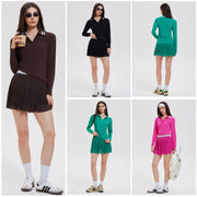 Women's 2 Piece Tennis Pickleball SKirt Set Long Sleeve Polo V-neck Shirts with Contrast Stripes