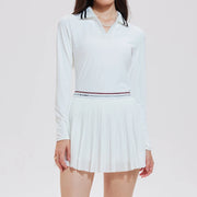 Women's 2 Piece Tennis Pickleball SKirt Set Long Sleeve Polo V-neck Shirts with Contrast Stripes