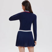 Women's 2 Piece Tennis Pickleball SKirt Set Long Sleeve Polo V-neck Shirts with Contrast Stripes