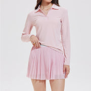 Women's 2 Piece Tennis Pickleball SKirt Set Long Sleeve Polo V-neck Shirts with Contrast Stripes
