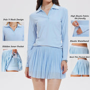 Women's 2 Piece Tennis Pickleball SKirt Set Long Sleeve Polo V-neck Shirts with Contrast Stripes
