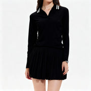 Women's 2 Piece Tennis Pickleball SKirt Set Long Sleeve Polo V-neck Shirts with Contrast Stripes