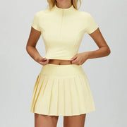 Pickleball tennis Skirt Sets for Women Zipper V Neck Shirts Top Matching High Waisted Pleated Athletic